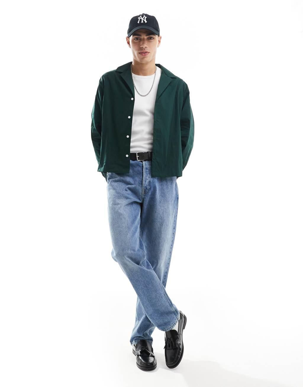 ASOS DESIGN boxy oversized poplin shirt with deep revere collar in dark green Product Image