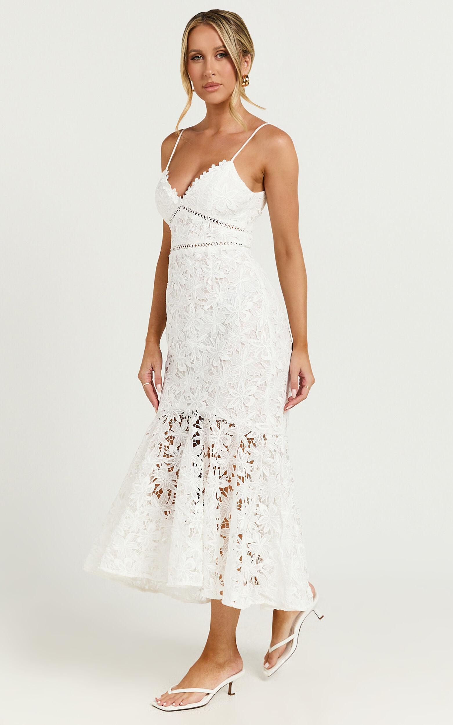 Aracely Midi Dress - Strappy Sweetheart Lace Mermaid Dress in White Product Image