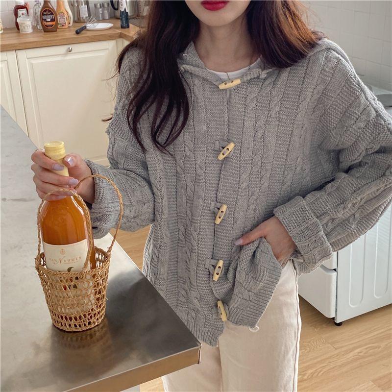 Sailor Collar Plain Cable Knit Toggle Cardigan Product Image