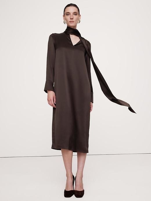 Silk Tie-Neck Midi Dress Product Image