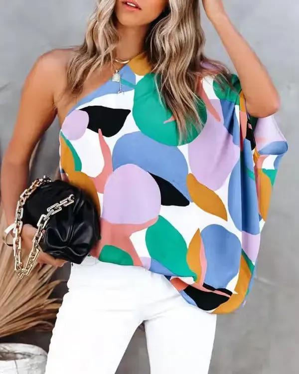 Olivia Mark – Color Block Geometric Print Asymmetric Top Product Image