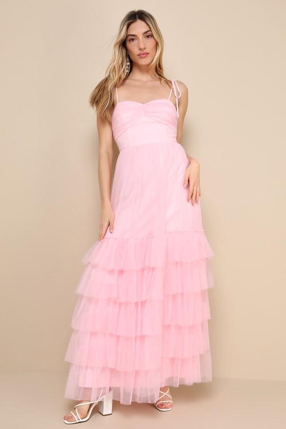 Endlessly Darling Pink Mesh Tiered Tie-Strap Maxi Dress Product Image