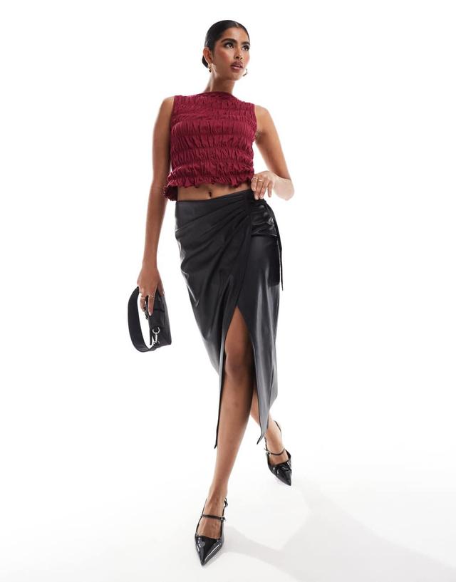 Miss Selfridge faux leather midi skirt with wrap detail Product Image