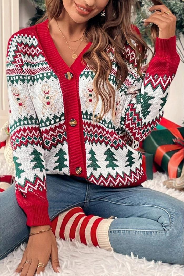 Christmas Print Knit Button-Down Loose Cardigan Product Image