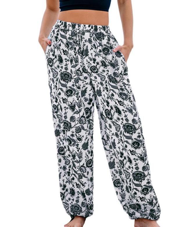 Cupshe Womens Black & White Floral Elastic Waist Tapered Leg Pants Product Image