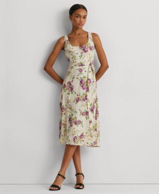 Lauren Ralph Lauren Womens Floral Belted Crepe Sleeveless Dress Product Image