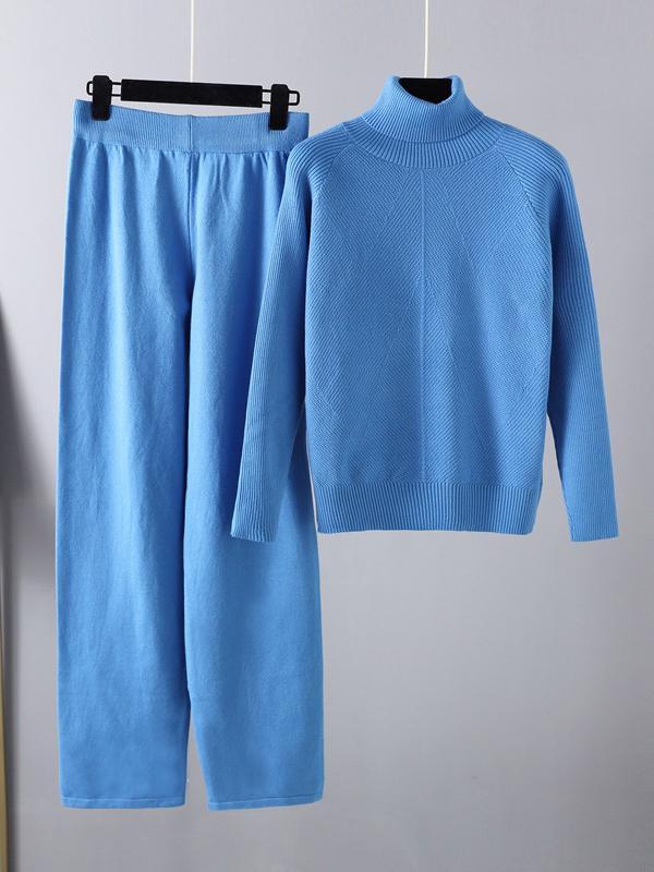 Urban Long Sleeves Loose Solid Half Turtleneck Sweater Tops & Wide Leg Pants Two Pieces Set Product Image