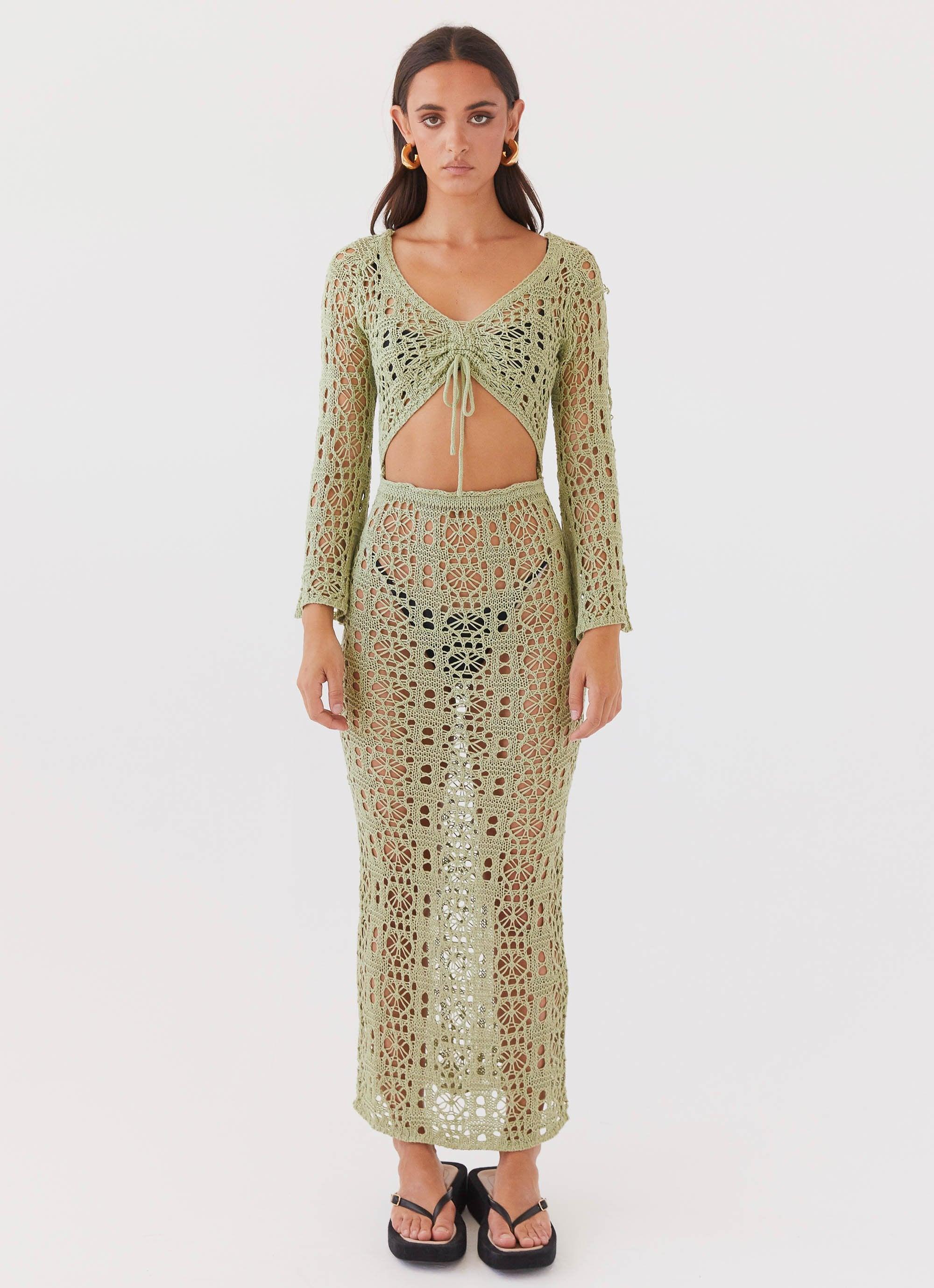 Seaside Soiree Crochet Maxi Dress - Light Olive Product Image