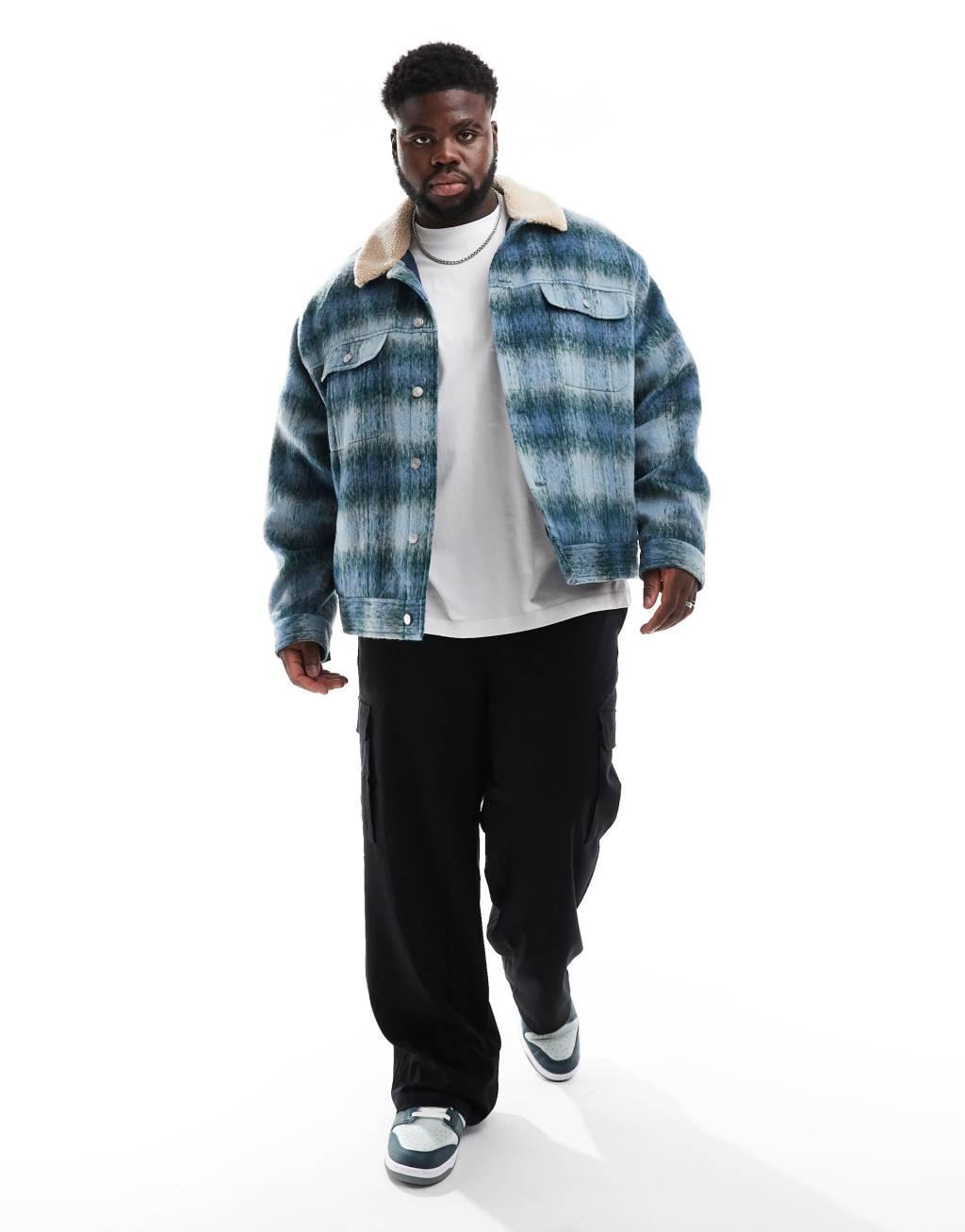 ASOS DESIGN oversized wool look trucker jacket in blue plaid with borg collar Product Image