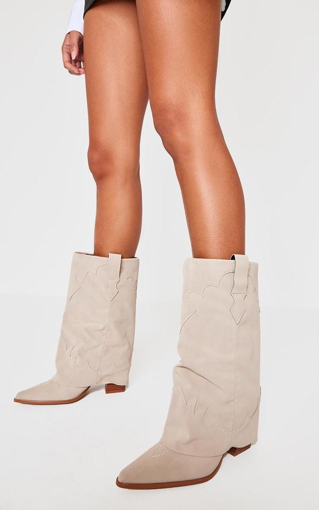 Camel Faux Suede Point Toe Block Heel Fold Over Western Boots Product Image