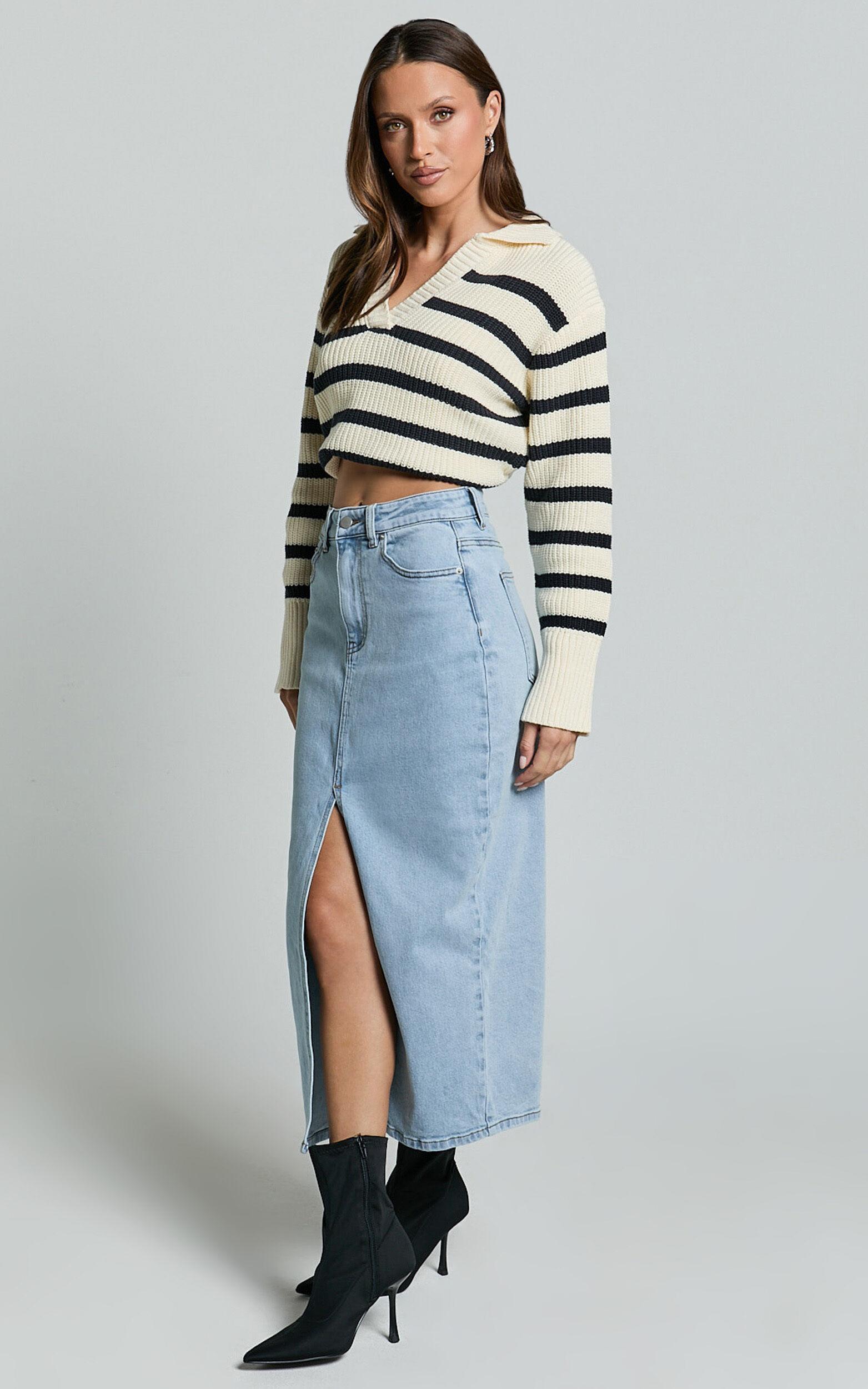 Anaya Midi Skirt - Denim Skirt in Light Blue Wash Product Image