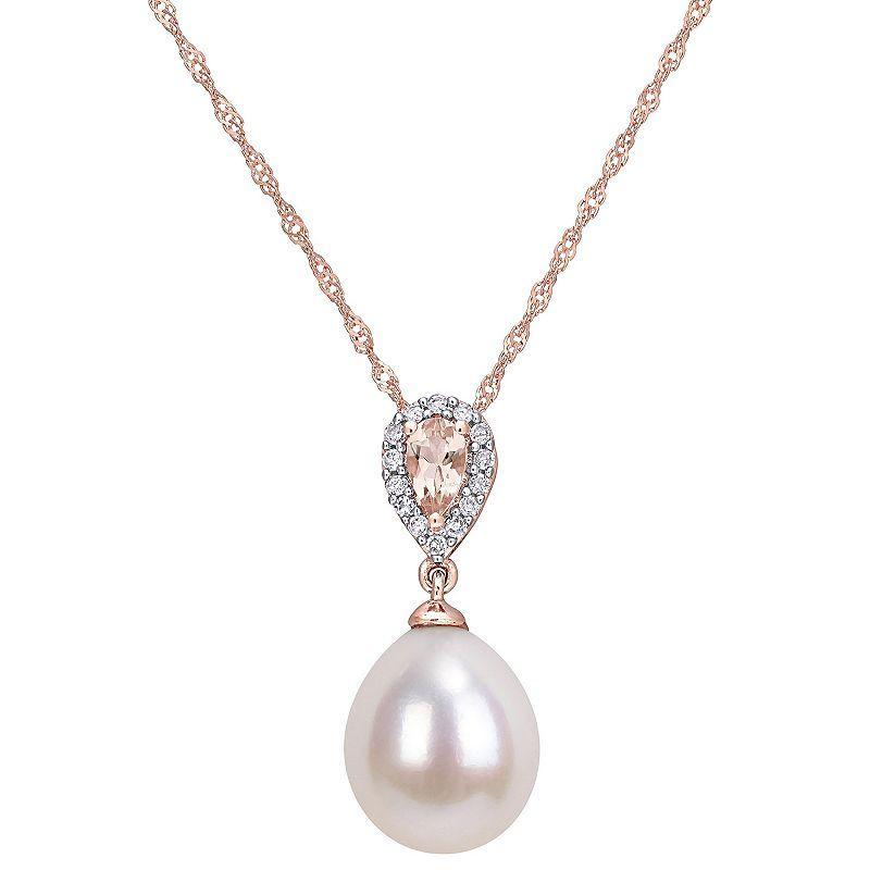 Stella Grace 10k Rose Gold Morganite, Freshwater Cultured Pearl & Diamond Accent Pendant Necklace, Womens Product Image