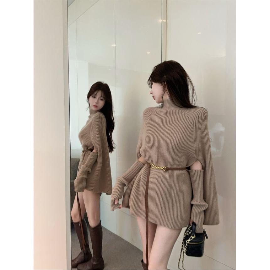 Set: Cape-Sleeve Turtleneck Ribbed Knit Top + Belt + Arm Sleeves Product Image