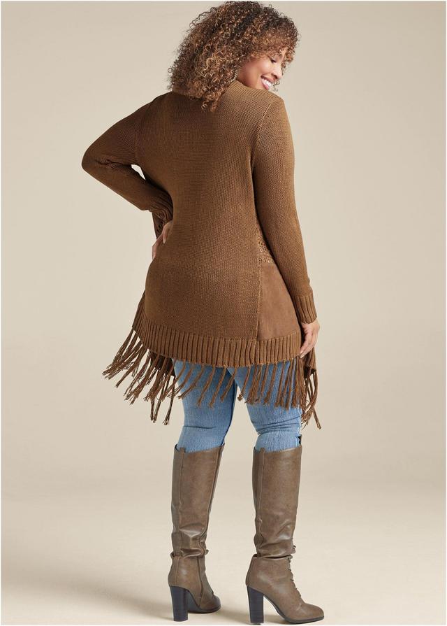 Faux-Suede Fringe Cardigan - Brown Product Image