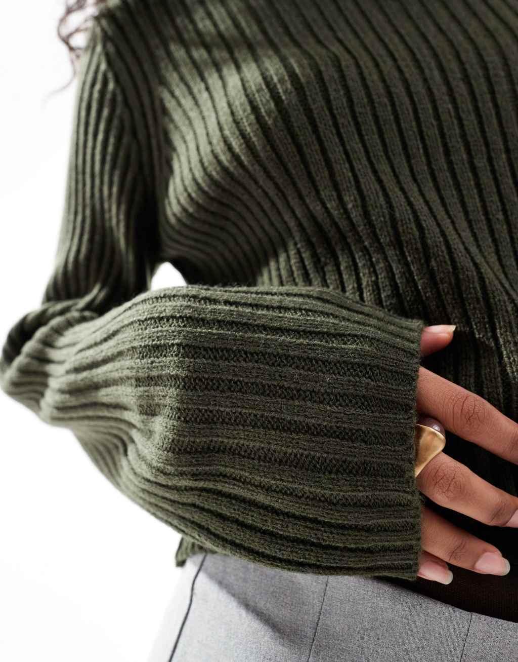 ASOS DESIGN crew neck sweater in rib in khaki Product Image