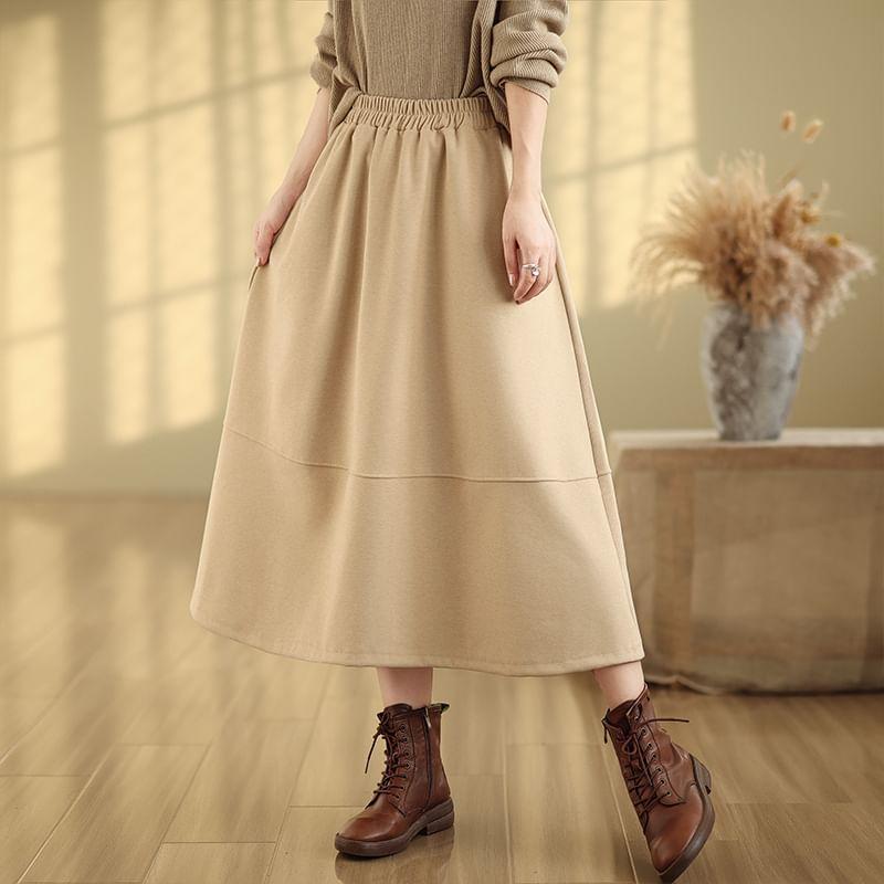 High Rise Plain Midi A-Line Skirt Product Image