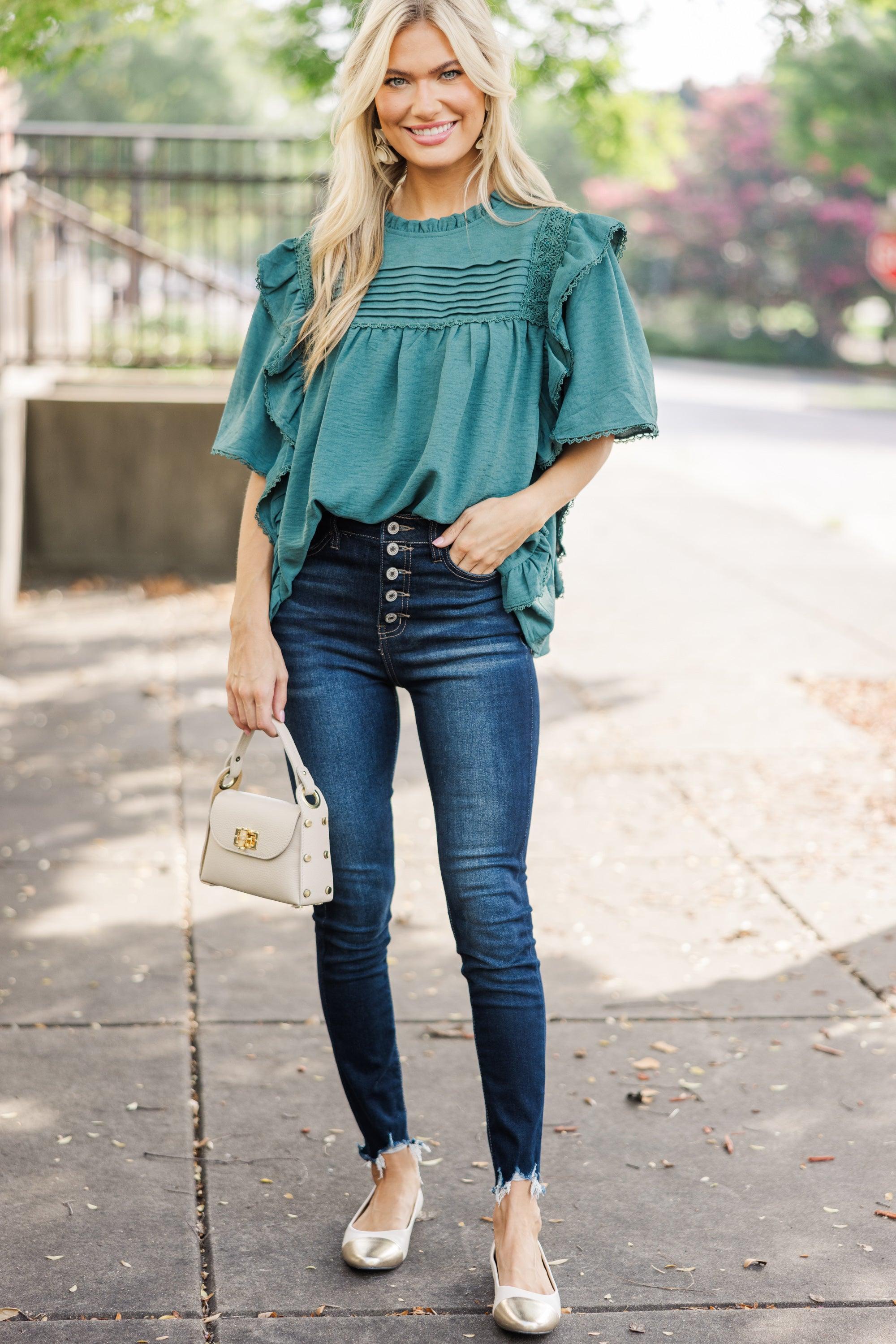 Step It Up Emerald Green Ruffled Blouse Female Product Image