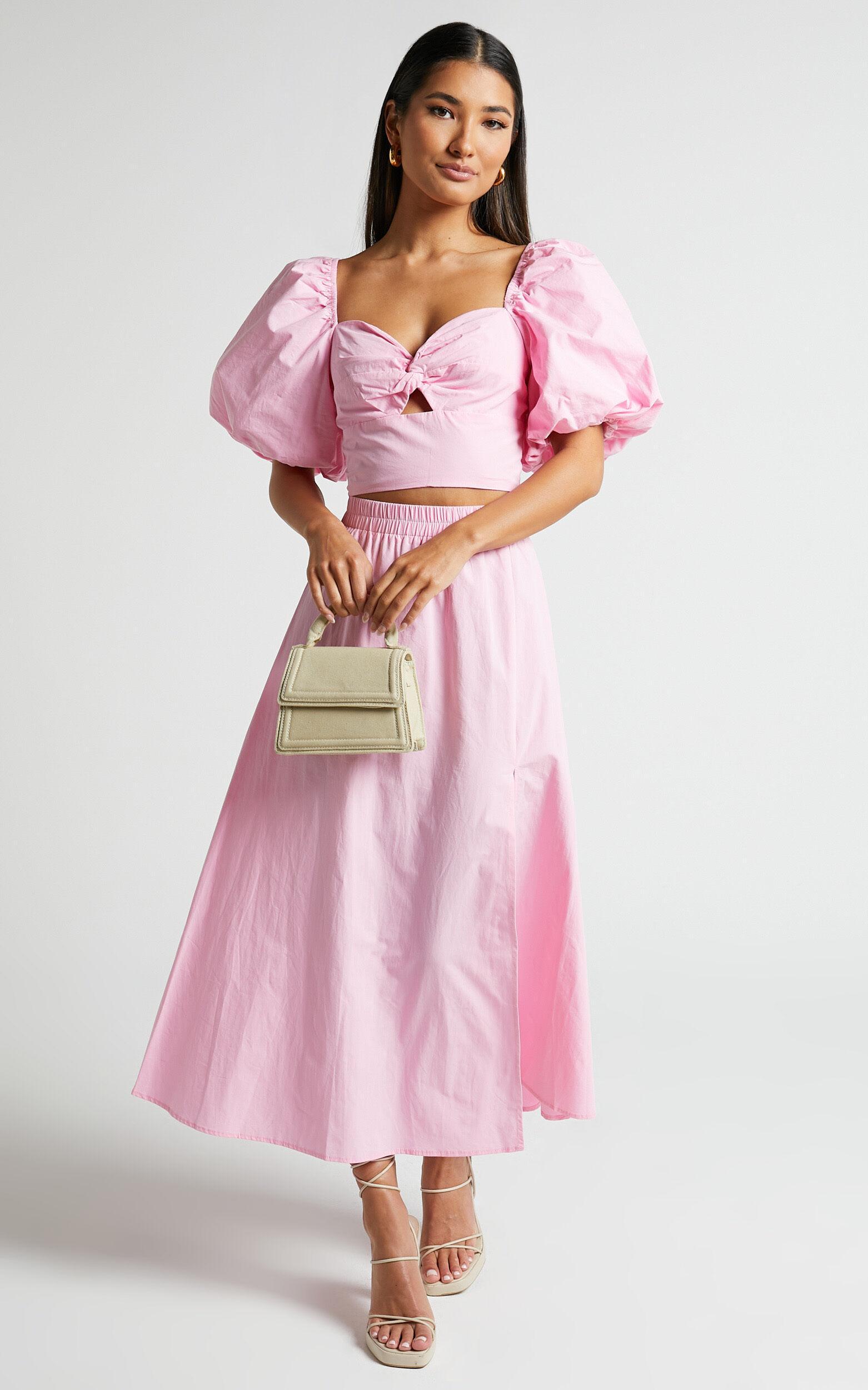 Alpha Two Piece Set - Linen Look Puff Sleeve Twist Bodice Top Midi Skirt in Light Pink Product Image