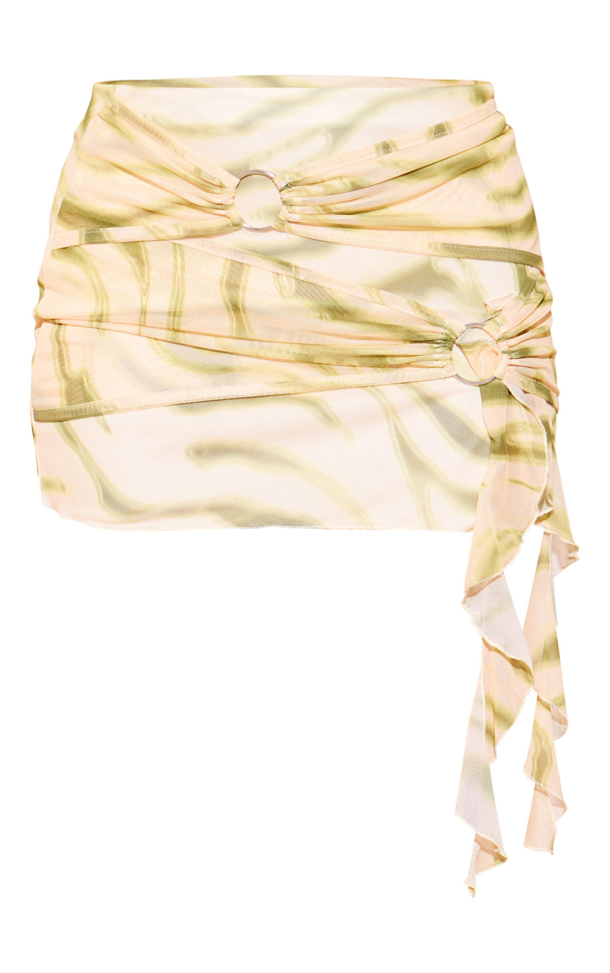 Green Abstract Printed Ring Wrap Detail Mesh Mini Skirt Product Image