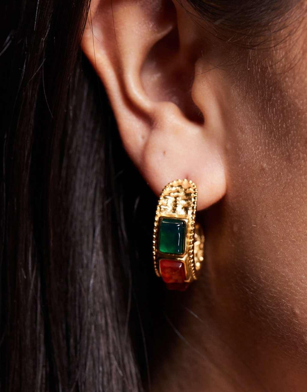 8 Other Reasons chunky hoop earrings with amber and green stone detail in 18k gold plated Product Image