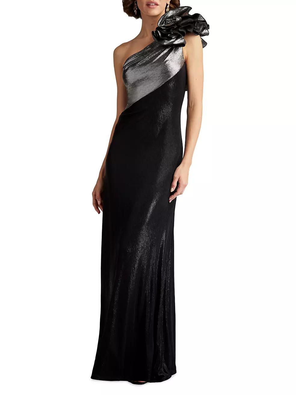 Metallic Jersey One-Shoulder Rosette Gown Product Image