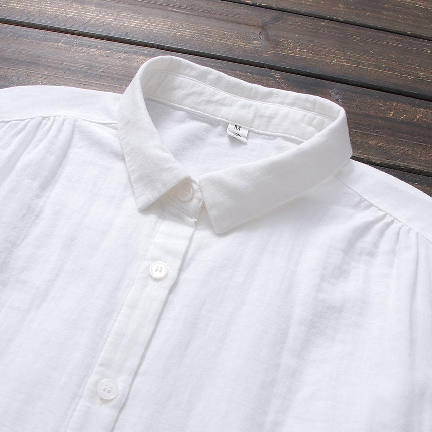 Long Sleeve Lapel Neck Plain Linen Shirt Product Image