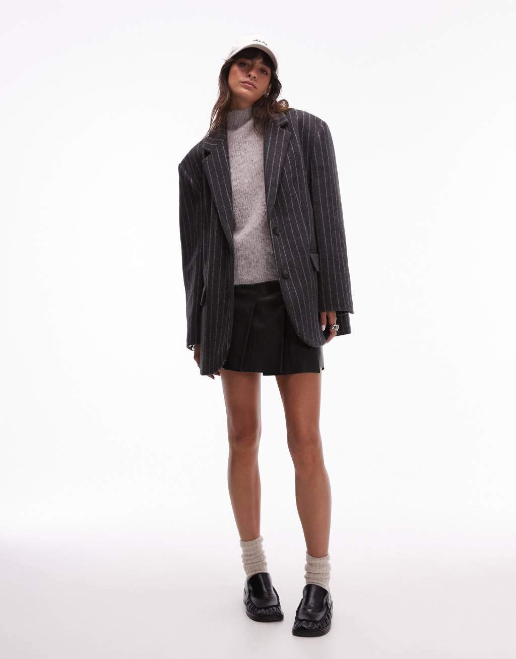 Topshop brushed wool look pinstripe blazer coat in charcoal Product Image