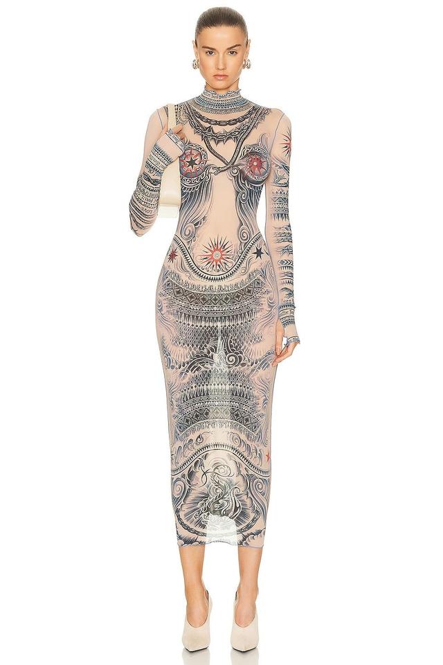 Jean Paul Gaultier Printed Soleil Long Sleeve High Neck Dress in Nude Product Image