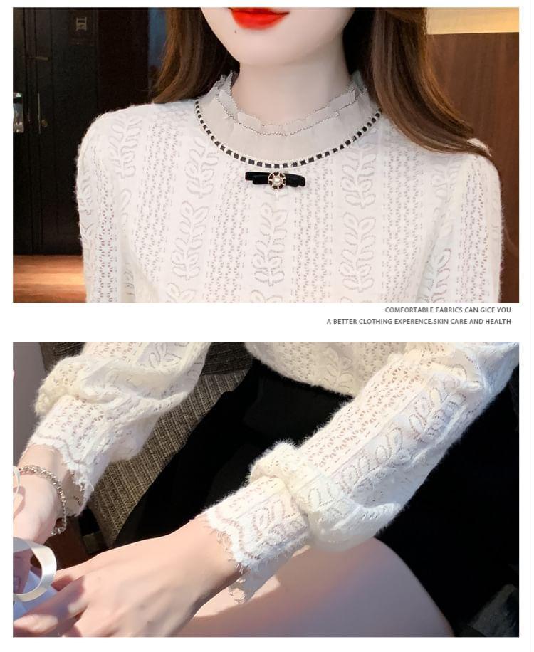 Puff-Sleeve Mock Neck Patterned Bow Blouse Product Image