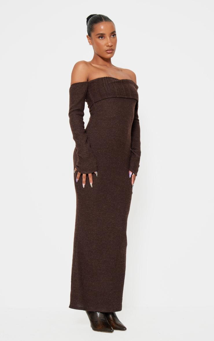 Chocolate Brushed Rib Bardot Maxi Dress Product Image