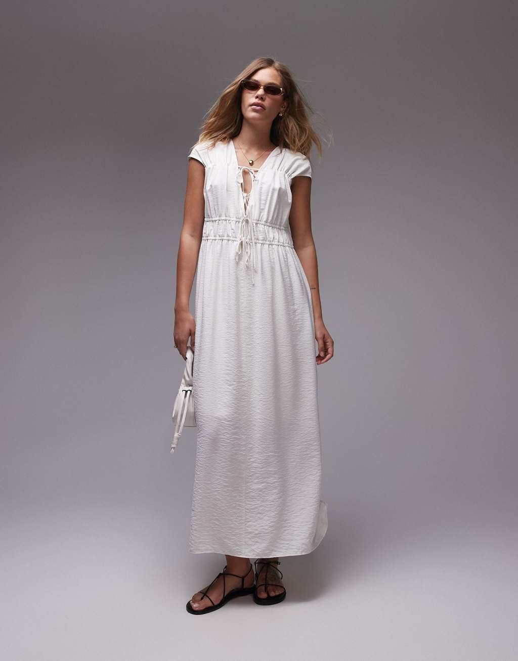 Topshop tie front tiered midi dress in ivory product image