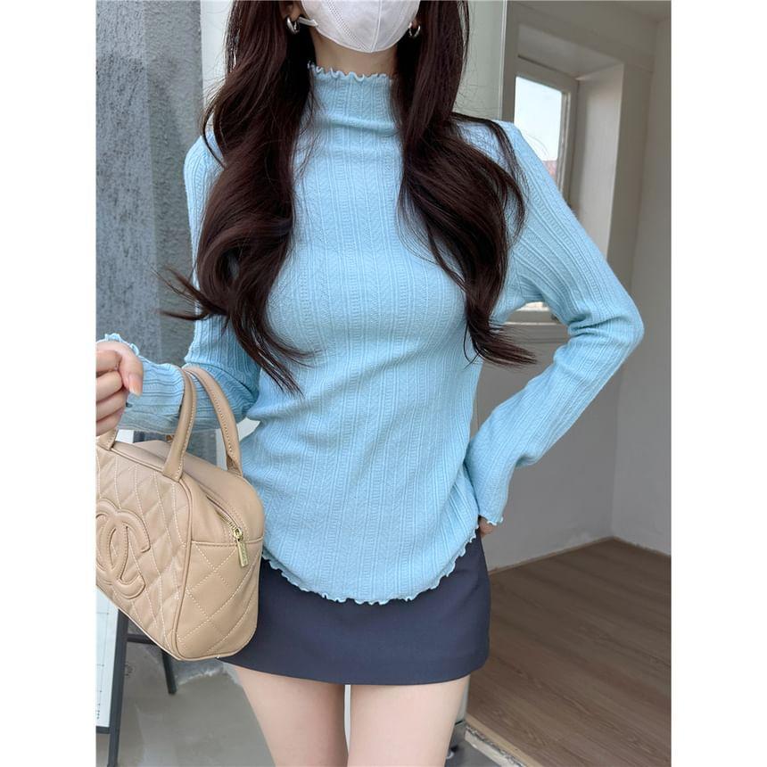 Turtleneck Ruffle Trim Ribbed Knit Top Product Image