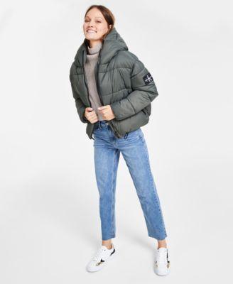 Calvin Klein Jeans Womens Cropped Hooded Puffer Jacket Patched Mock Neck Sweater Straight Leg Ankle Jeans product image