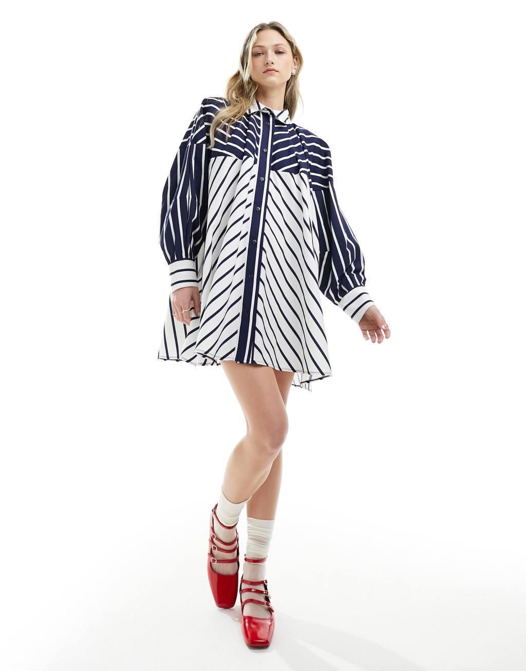 ASOS DESIGN oversized mini shirt dress in navy two tone stripe Product Image