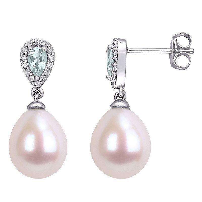 Stella Grace 10k White Gold 1/8 Carat T.W. Diamond, Aquamarine and Freshwater Cultured Pearl Drop Earrings, Womens, White Gold Tone Product Image