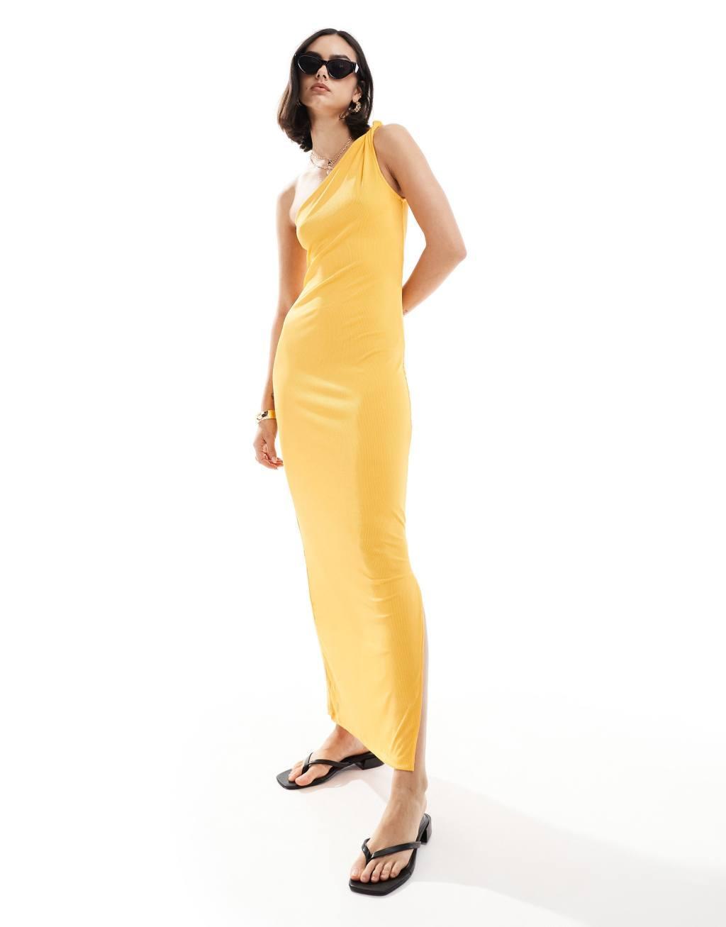 Vero Moda one shoulder ribbed jersey maxi dress in golden orange Product Image