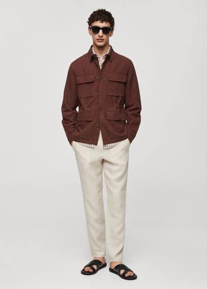 MANGO MAN - Linen overshirt with pockets burgundyMen Product Image