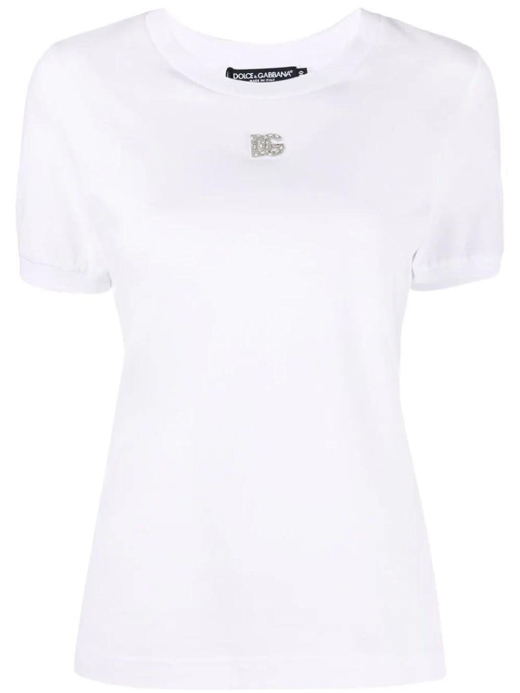 DOLCE & GABBANA Crystal Logo Cotton Jersey T-shirt In White Product Image