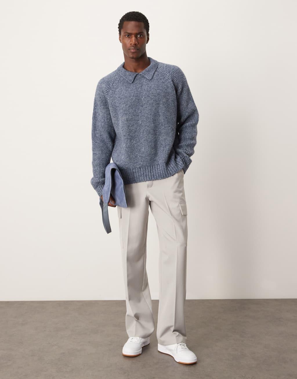 ASOS DESIGN oversized boxy fit heavyweight knitted wool mix cable sweater with collar in blue heather Product Image