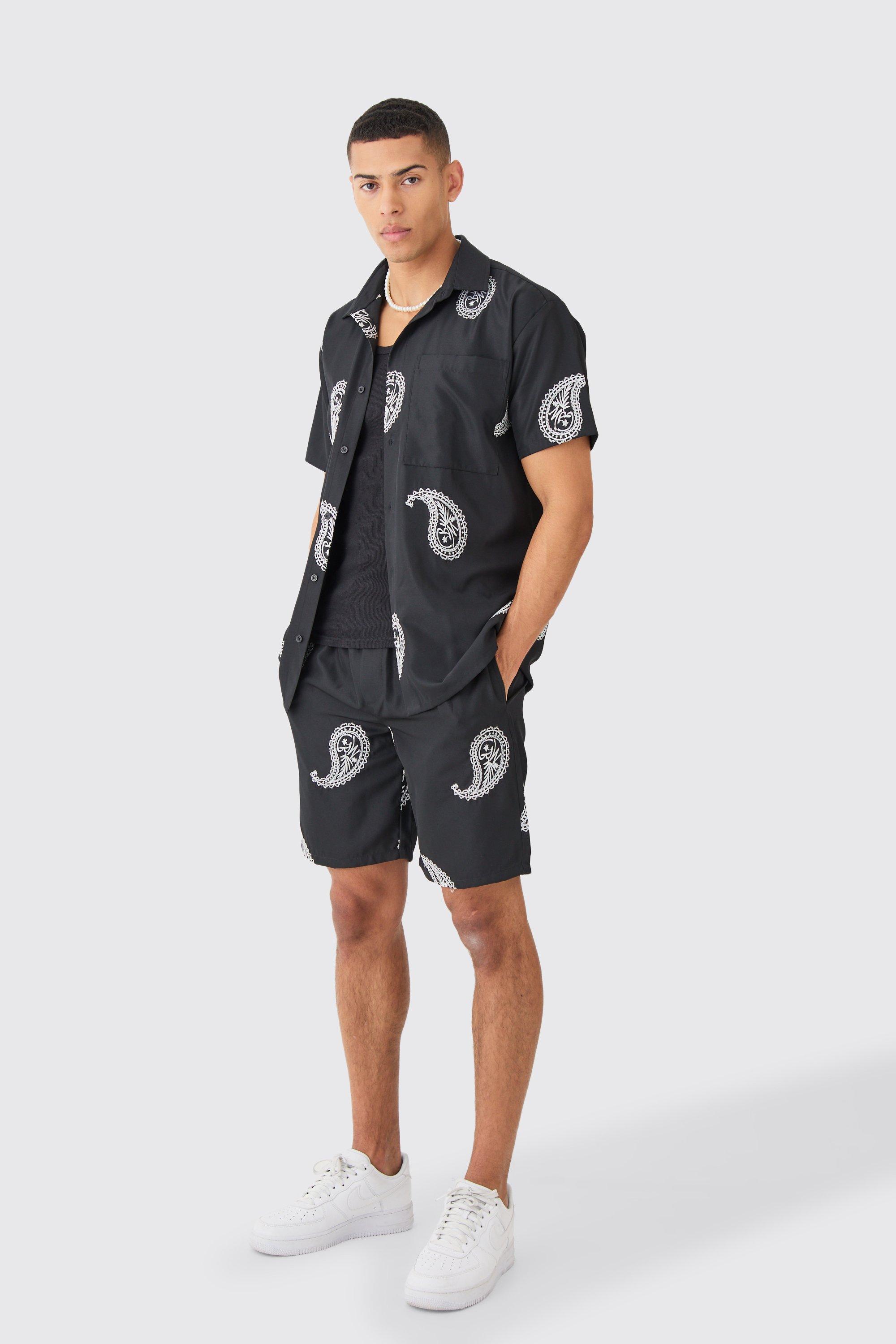 Oversized Soft Twill Paisley Embroidered Shirt And Short | boohooMAN USA Product Image