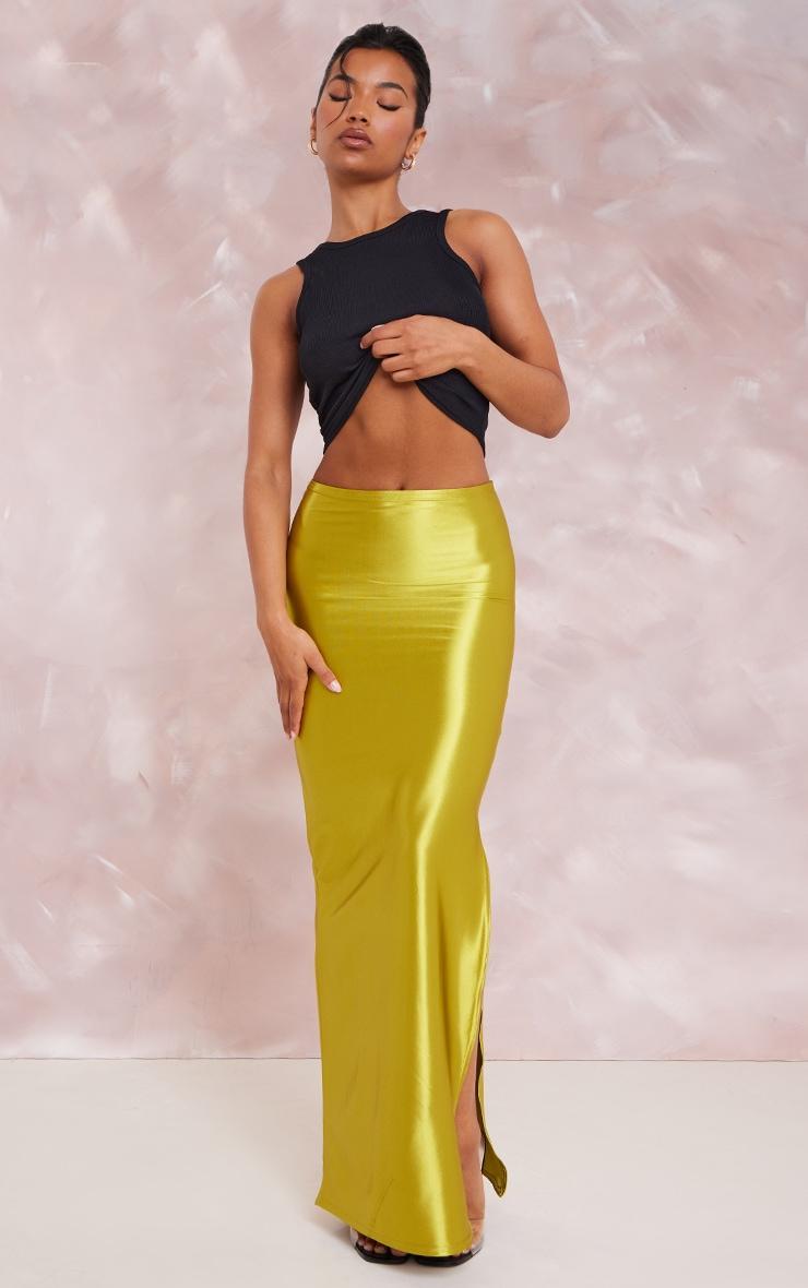 Olive Stretch Satin Split Side Maxi Skirt Product Image