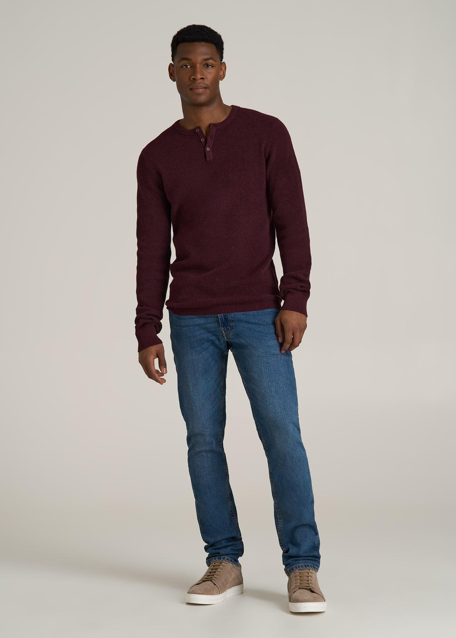 Waffle Knit Henley Sweater for Tall Men in Burgundy Mix Product Image