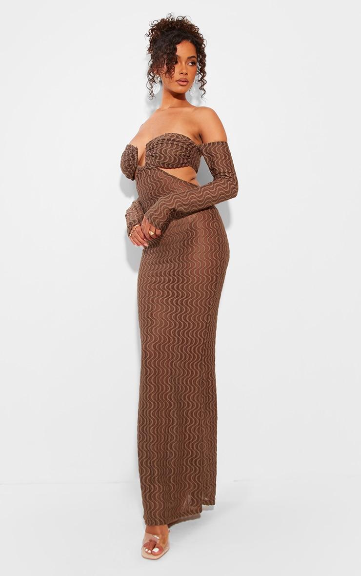 Chocolate Brown Ribbed Bardot Long Sleeve Cut Out Maxi Dress Product Image