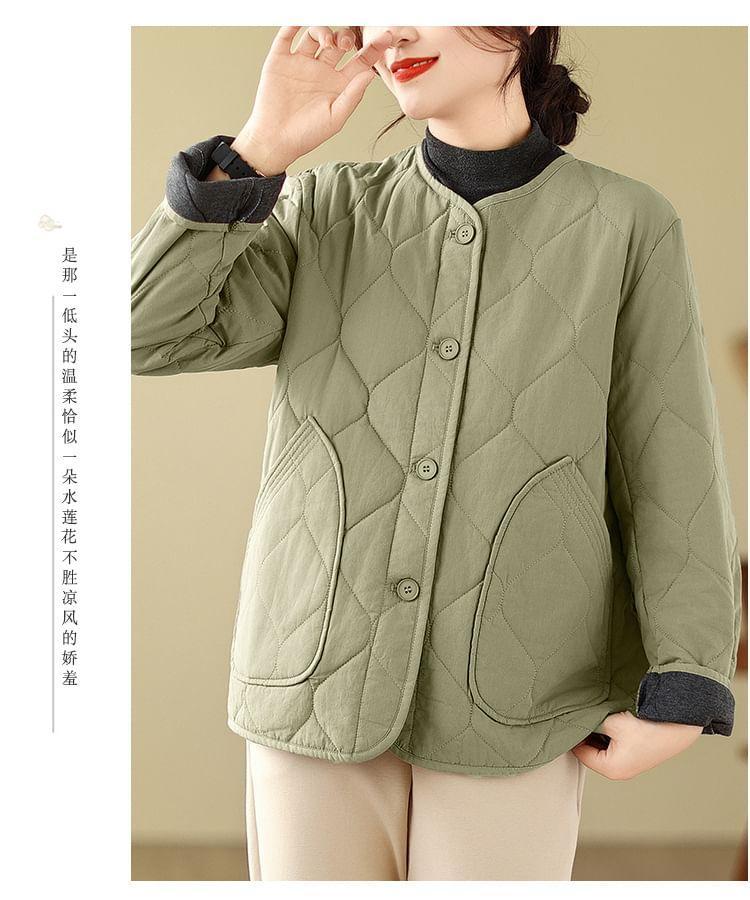 Crew Neck Plain Quilted Button-Up Jacket Product Image