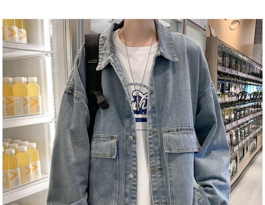 Collared Washed Button-Up Denim Jacket Product Image