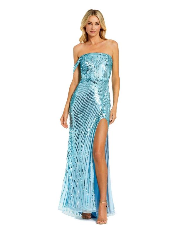 Mac Duggal Womens One Shoulder Mesh Sequin Gown With Slit Product Image