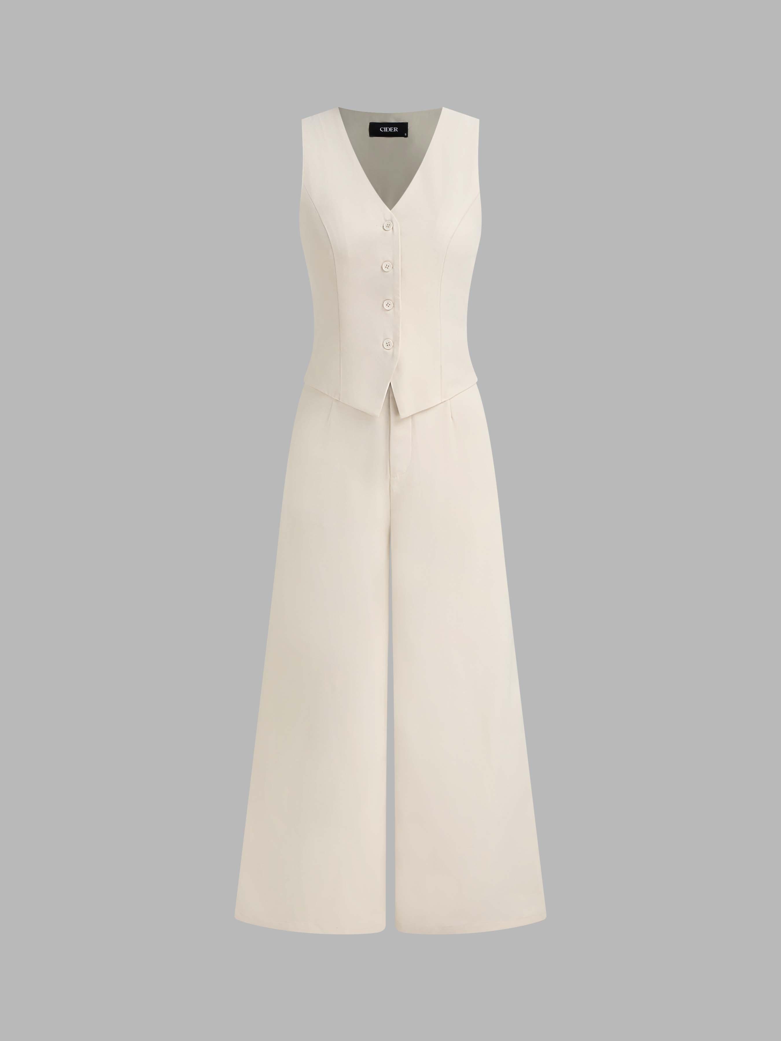 Solid V-neck Button Vest Wide Leg Jumpsuit Product Image