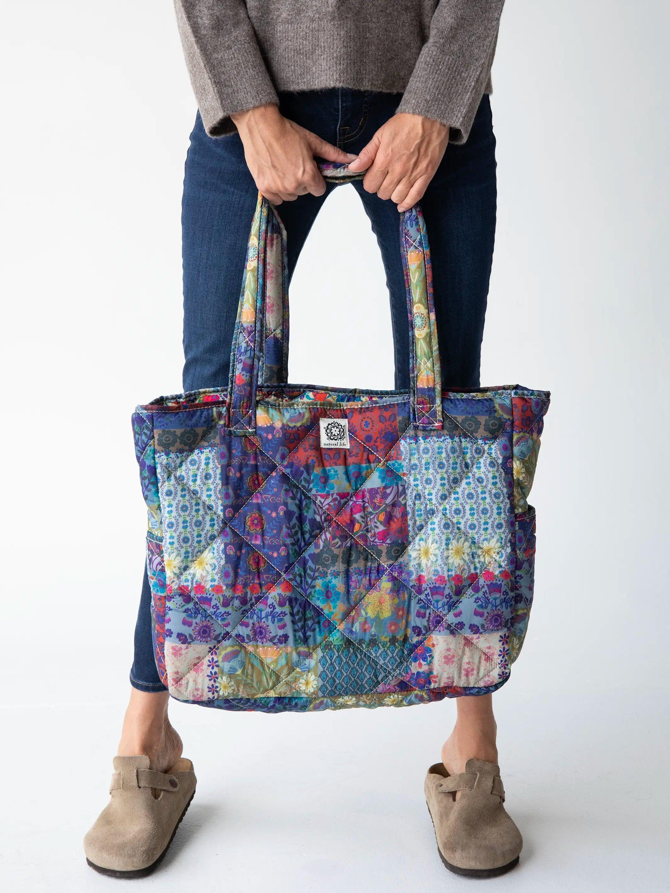 Reversible Puffy Tote Bag - Large Mandala Borders Patchwork Product Image