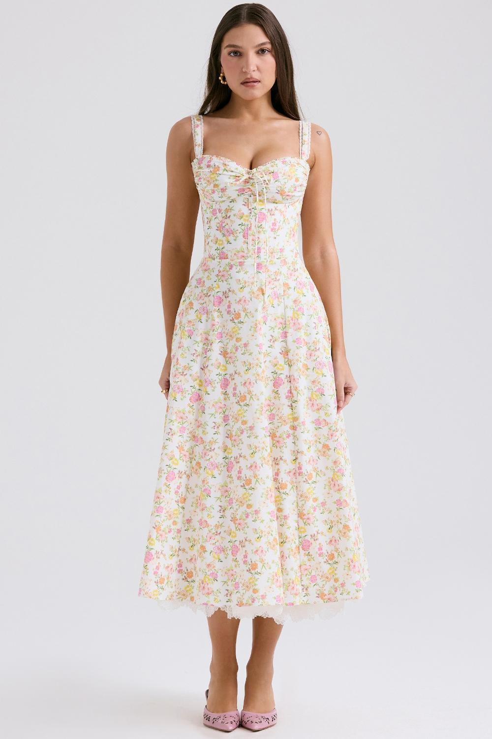 Rosalee Ivory Meadow Print Cotton Bustier Sundress Product Image