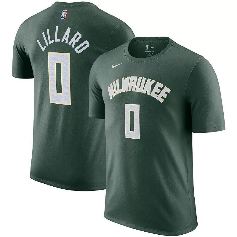 Mens Nike Damian Lillard Hunter Green Milwaukee Bucks Name and Number T-shirt Product Image